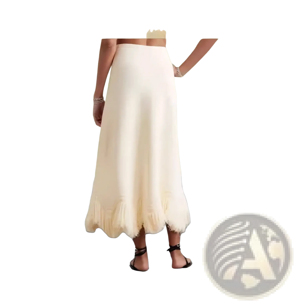 A flowing off-white midi skirt with a flared ruffled hemline from the feather trim two piece maxi dress set