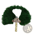 A decorative green feather wedding fan with a gold glitter handle and jeweled ornate triangular design bridal dance prop
