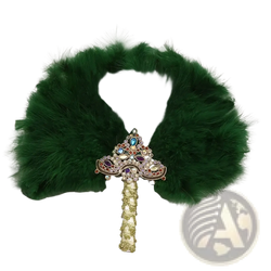 A decorative green feather wedding fan with a gold glitter handle and jeweled ornate triangular design bridal dance prop