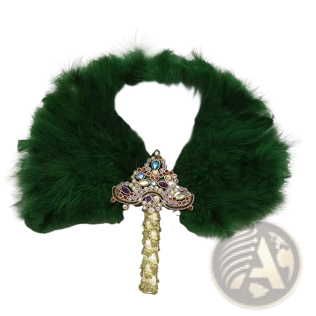 A decorative green feather wedding fan with a gold glitter handle and jeweled ornate triangular design bridal dance prop