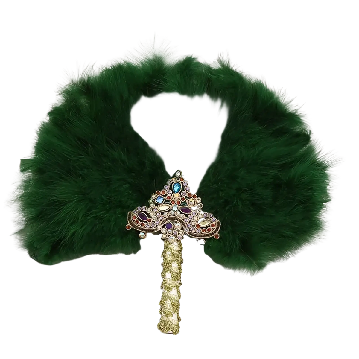 A decorative green feather wedding fan with a gold glitter handle and jeweled ornate triangular design bridal dance prop