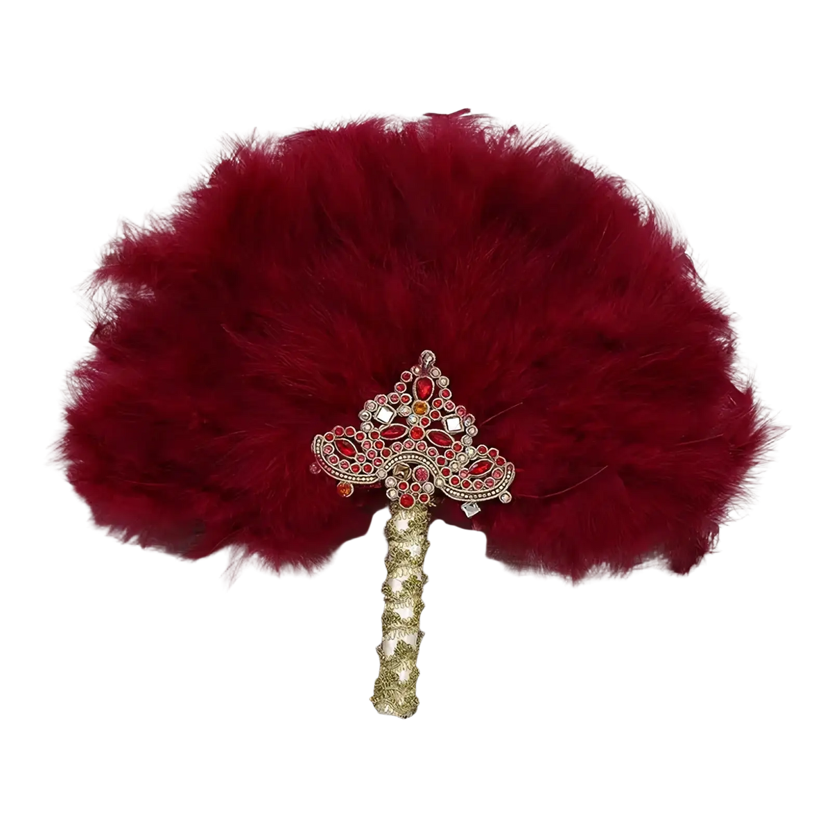 A decorative red feather wedding fan with a jeweled handle and gold glittery shaft for bridal dance use