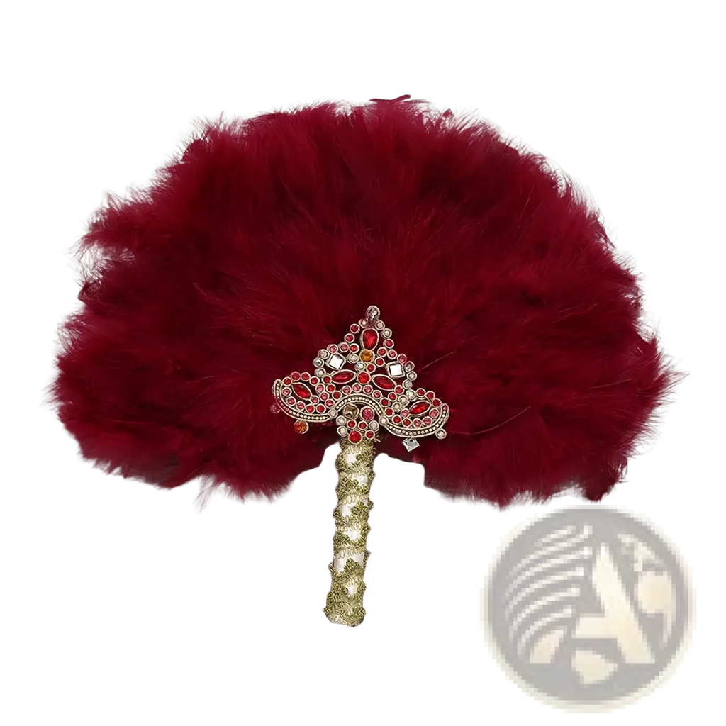 A decorative red feather wedding fan with a jeweled handle and gold glittery shaft for bridal dance use
