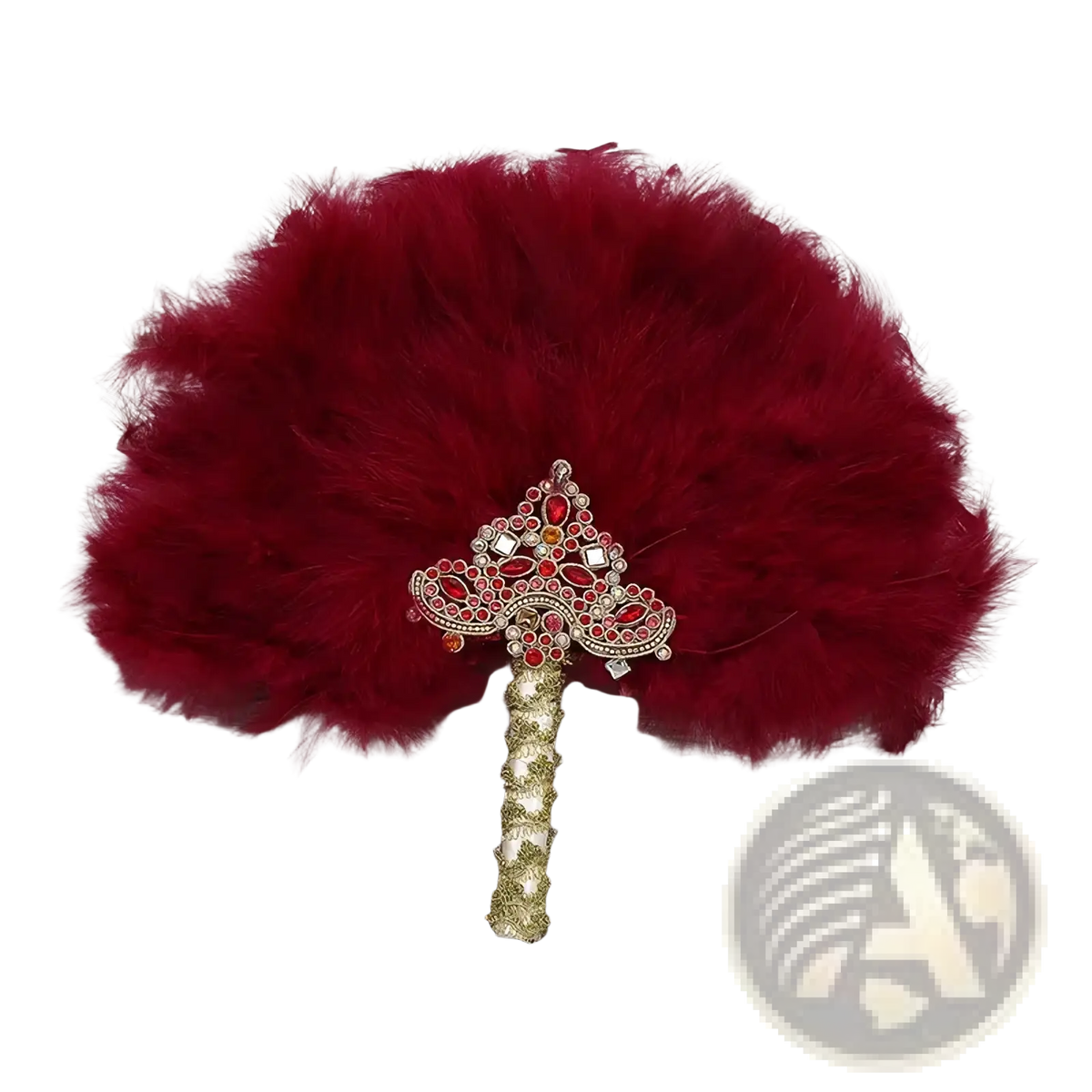 A decorative red feather wedding fan with a jeweled handle and gold glittery shaft for bridal dance use