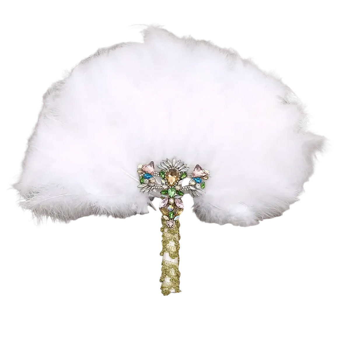A decorative white feather wedding fan with a glittery gold handle adorned with colorful rhinestones for bridal dance