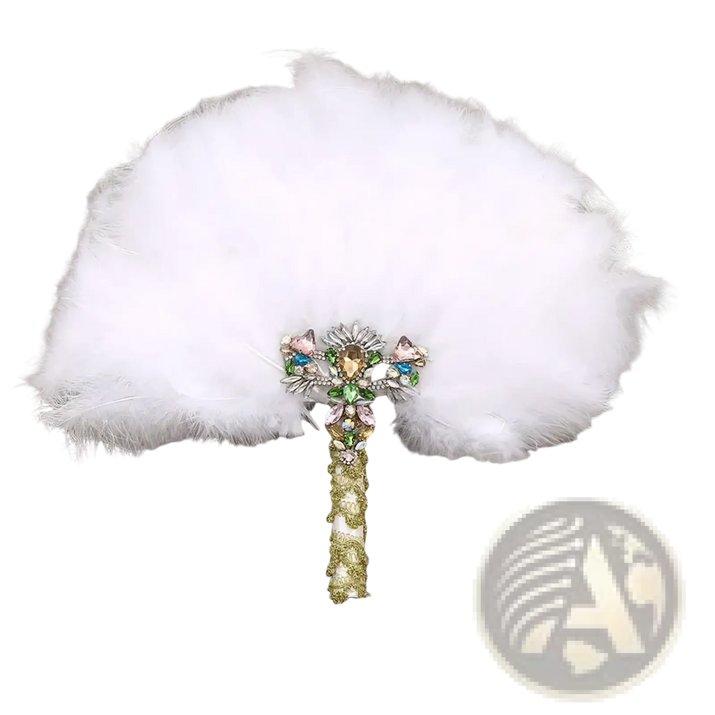 A decorative white feather wedding fan with a glittery gold handle adorned with colorful rhinestones for bridal dance