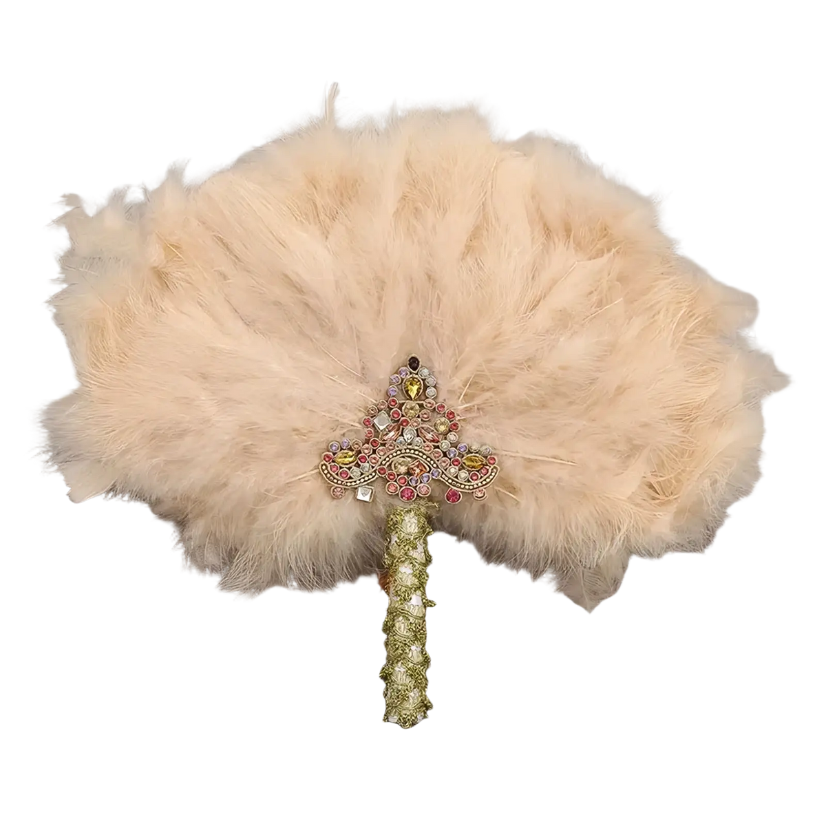 A delicate cream-colored feather wedding fan with an ornate gemstone-encrusted handle for bridal dance use
