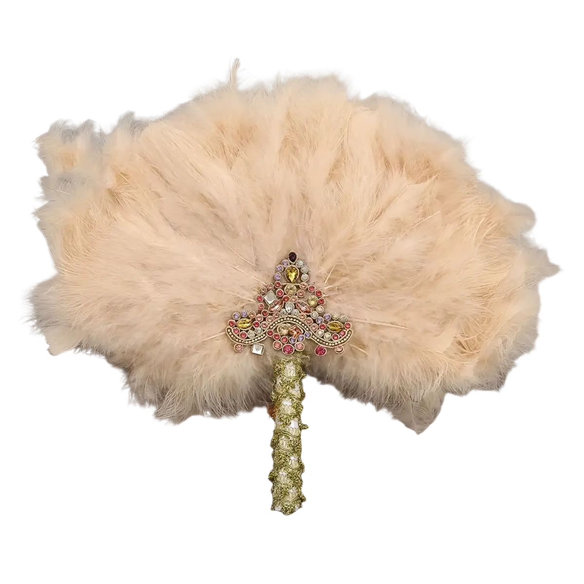 A cream-colored feather wedding fan with gemstone-encrusted handle designed as a bridal dance prop