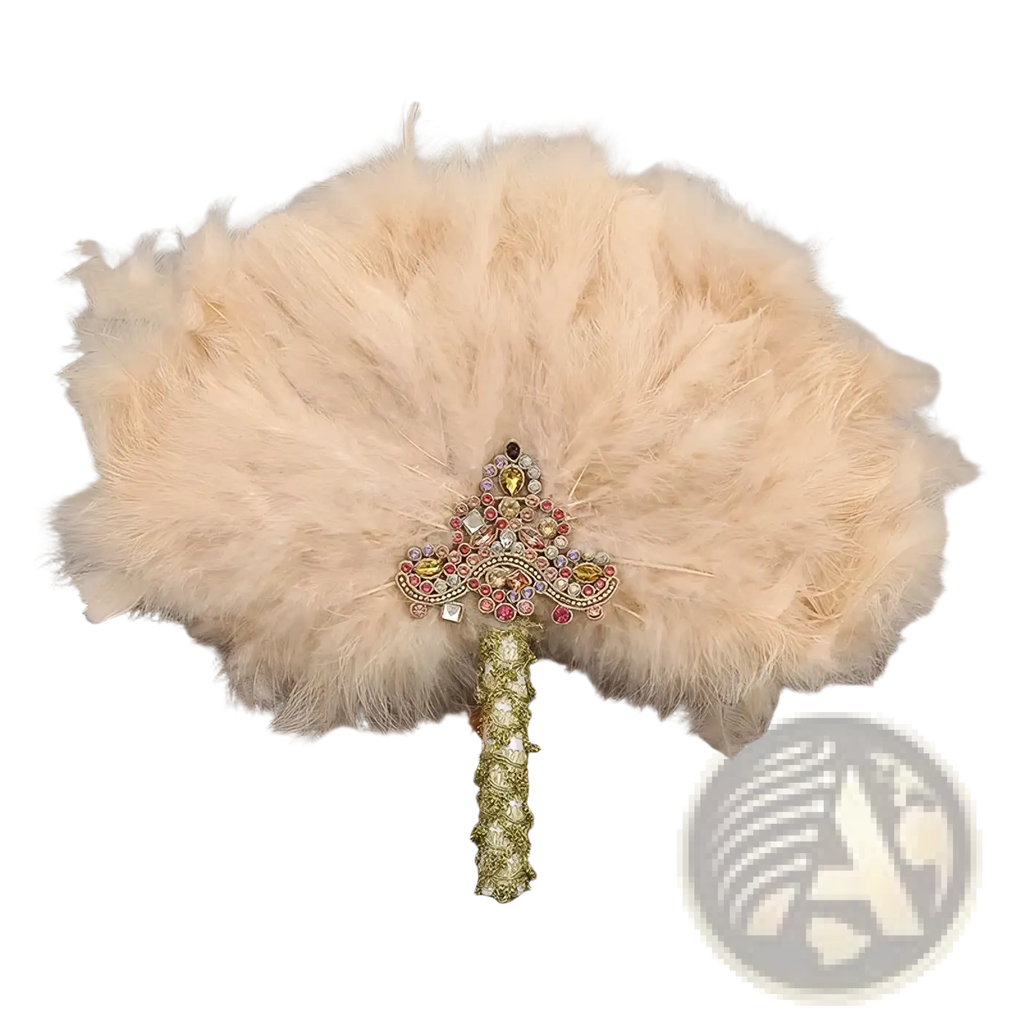 A delicate cream-colored feather wedding fan with an ornate gemstone-encrusted handle for bridal dance use