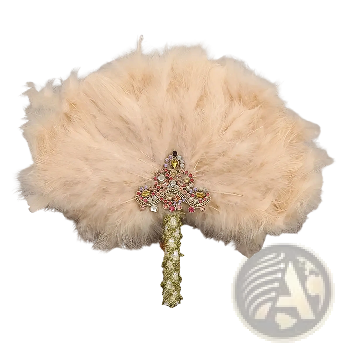 A delicate cream-colored feather wedding fan with an ornate gemstone-encrusted handle for bridal dance use