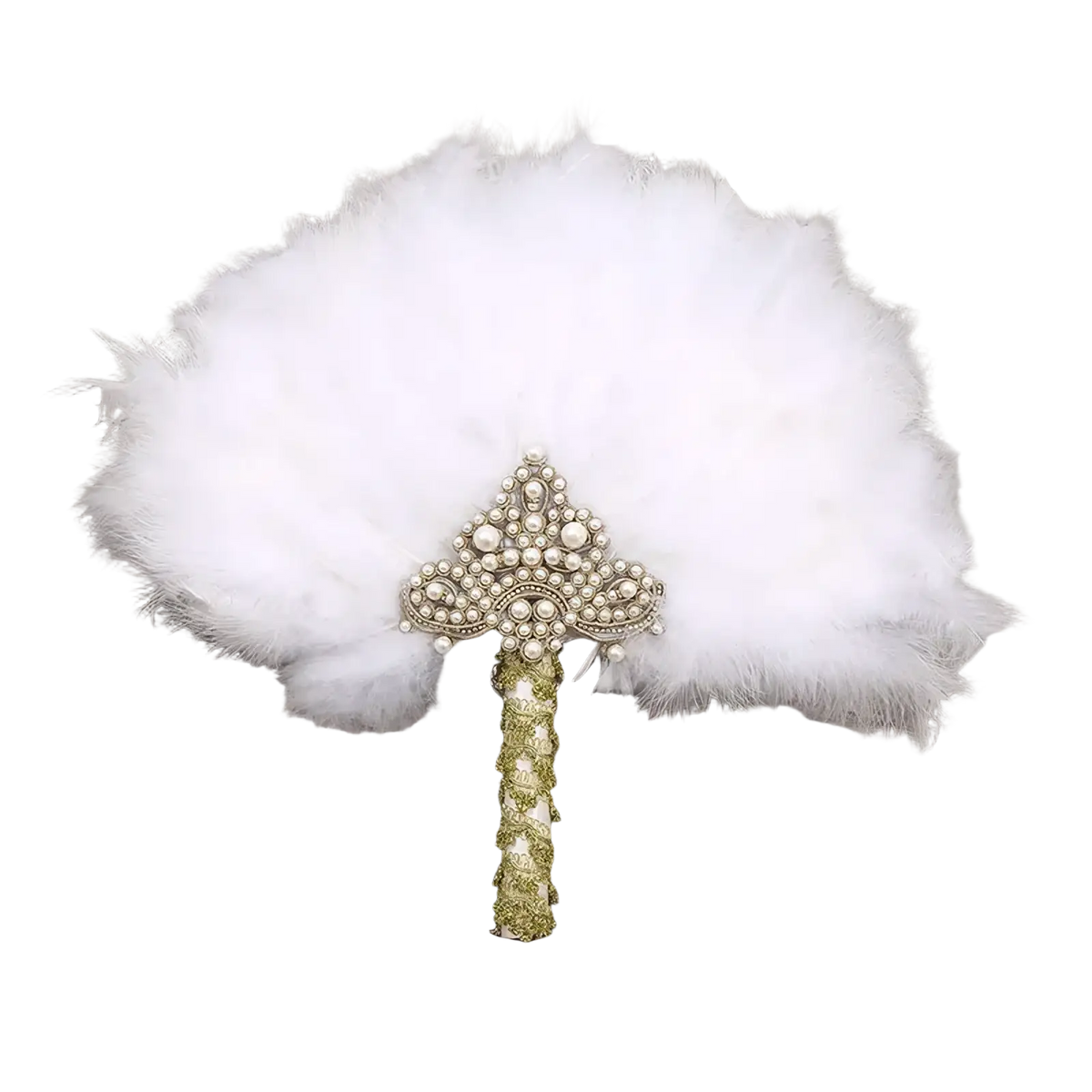 Feather wedding fan with delicate white feathers gold handle and ornate beaded triangular headpiece for bridal dance prop
