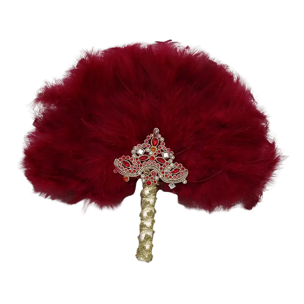 A luxurious red feather wedding fan with a gold handle and gemstone embellishments for bridal dance props