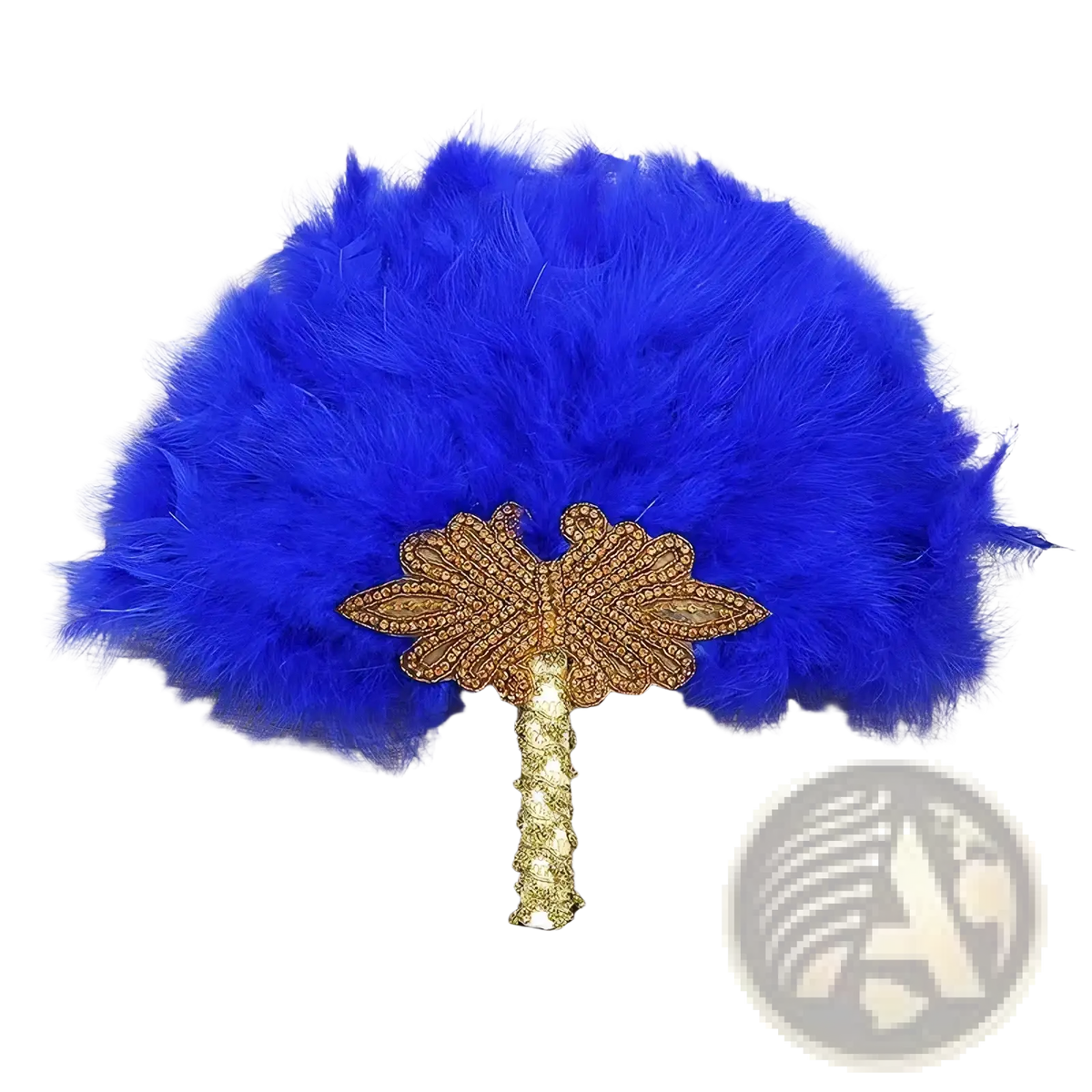 Vibrant blue feather wedding fan with gold-embellished palm leaf handle and glittery stem bridal dance prop