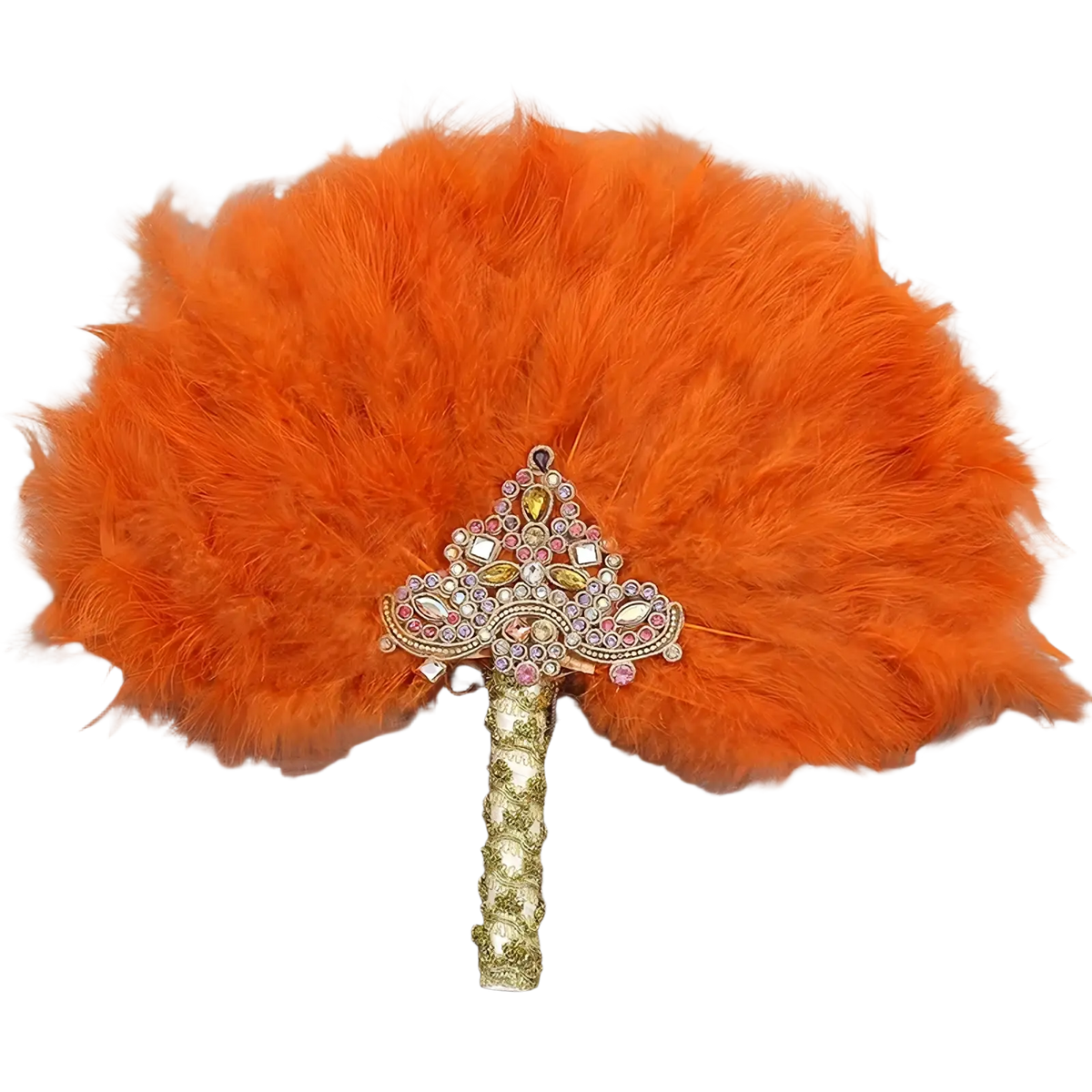 Vibrant orange feather wedding fan with a sparkling gold handle and jeweled triangular embellishment for bridal dance