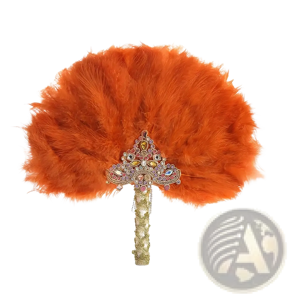 A vibrant orange feather wedding fan with a jeweled handle used as a bridal dance prop