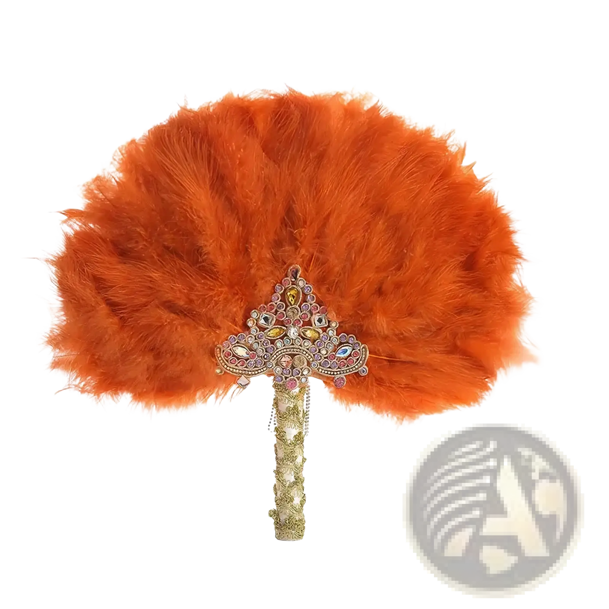 A vibrant orange feather wedding fan with a jeweled handle used as a bridal dance prop