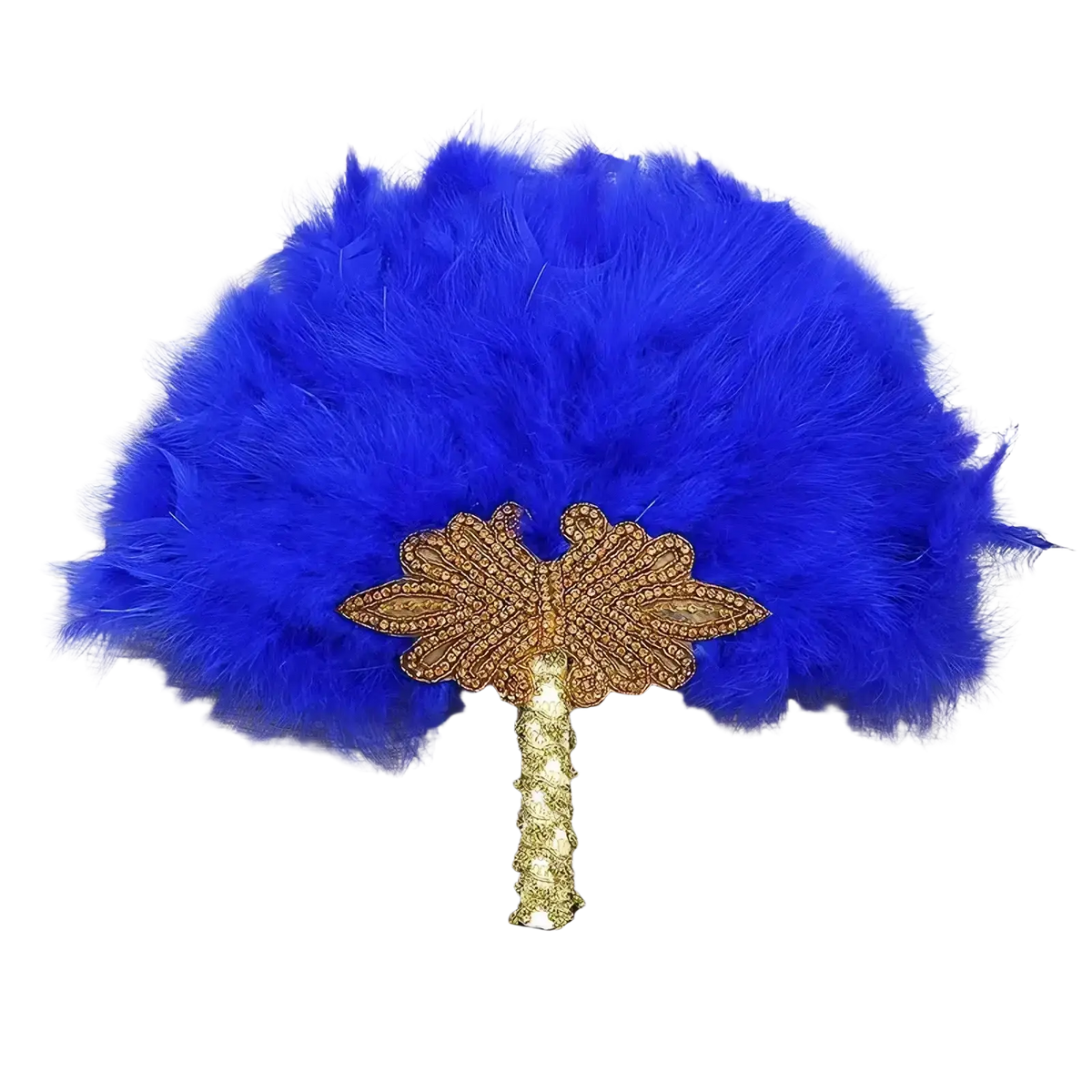 Vibrant royal blue feather wedding fan with gold-embellished handle and decorative leaf motif bridal dance prop