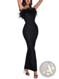 Black feathered satin strapless mermaid evening gown with sleek form-fitting silhouette displayed from the front