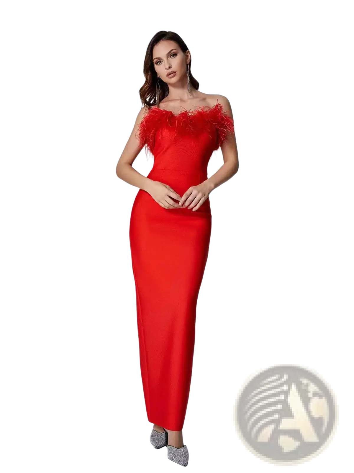 A vibrant red satin mermaid evening gown with a feathered off-the-shoulder neckline and strapless design