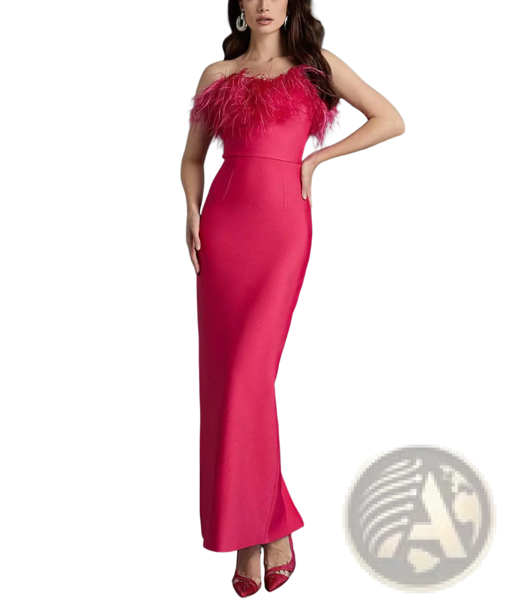 A vibrant fuchsia satin strapless mermaid evening gown with feathered shoulder detail