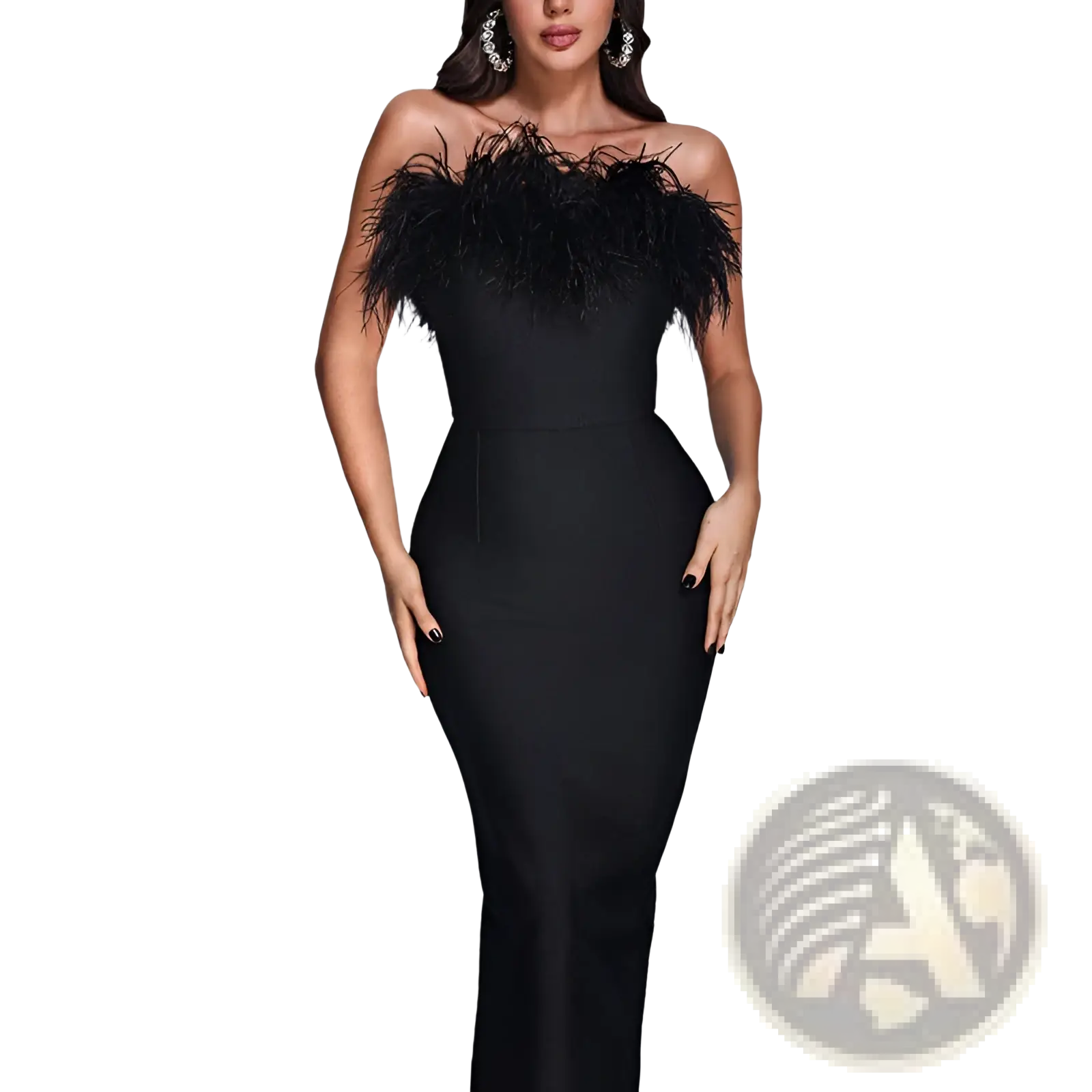 Black strapless mermaid evening gown featuring a feathered satin bodice for elegant formal occasions