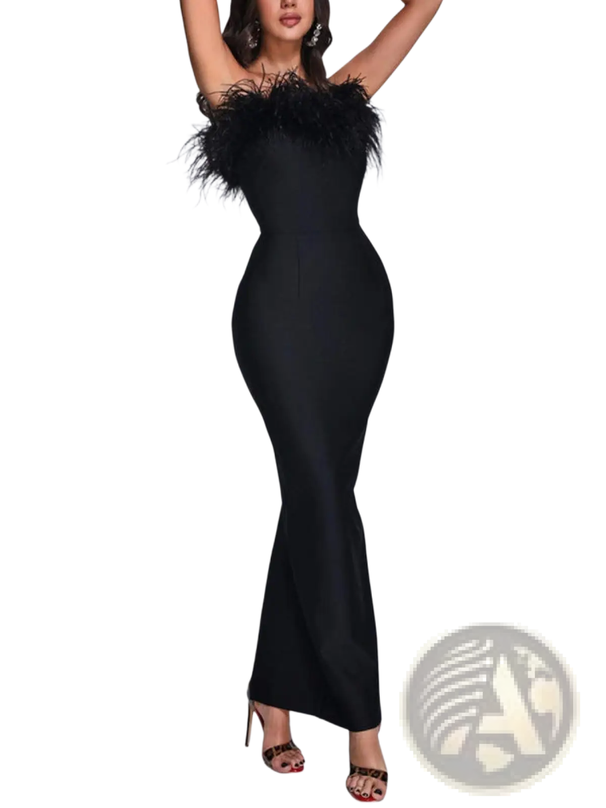 Black feathered satin strapless mermaid evening gown with a sleek form-fitting silhouette