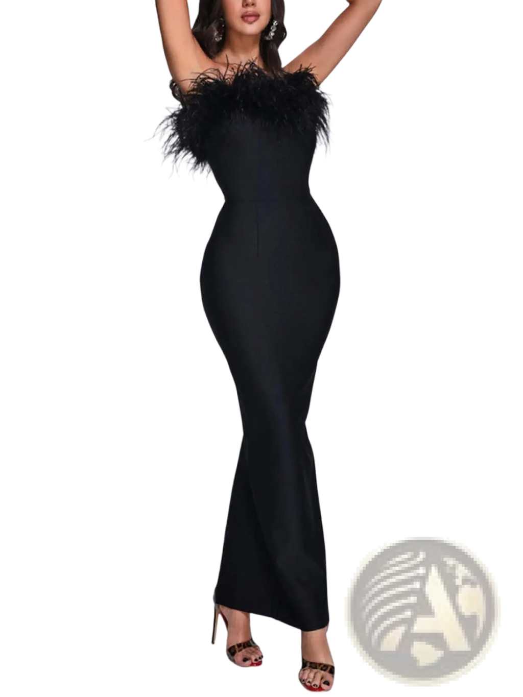 Black feathered satin strapless mermaid evening gown with a sleek form-fitting silhouette