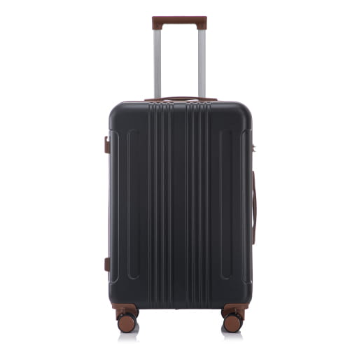 black hard-shell abs spinner suitcase with vertical ridges and brown leather accents on handle and wheels from 3 piece abs spinner luggage set with tsa lock
