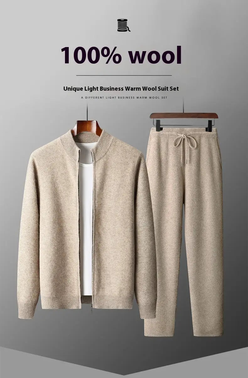 Beige 100% wool men wool cardigan sweatsuit featuring a light business warm zip-up jacket and drawstring pants set.