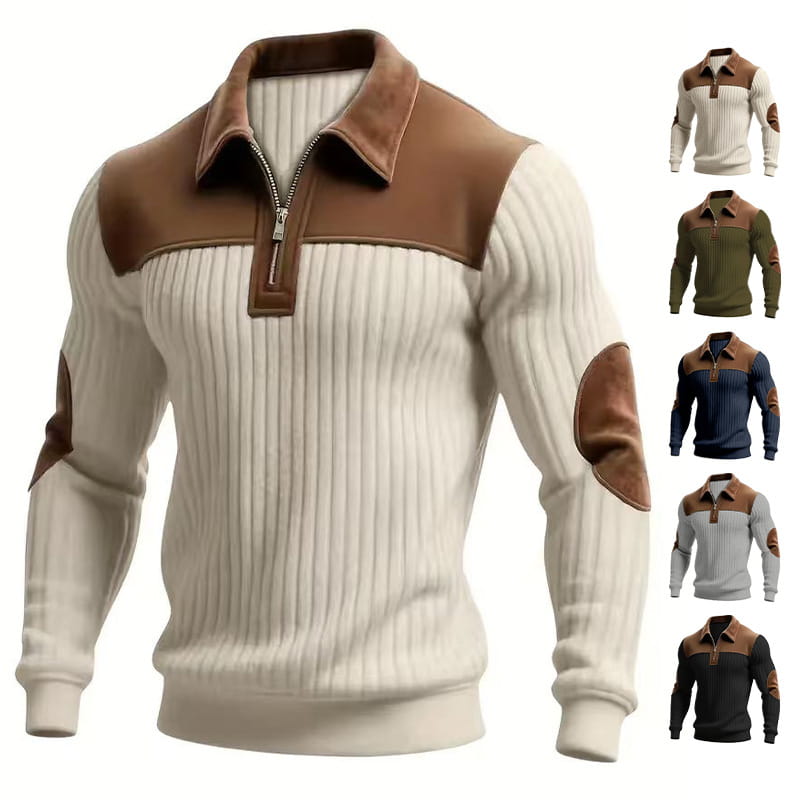 Men’s cream-colored ribbed knit sweater with brown leather-like accents on the collar, shoulders, and elbow patches featuring a half zip design.