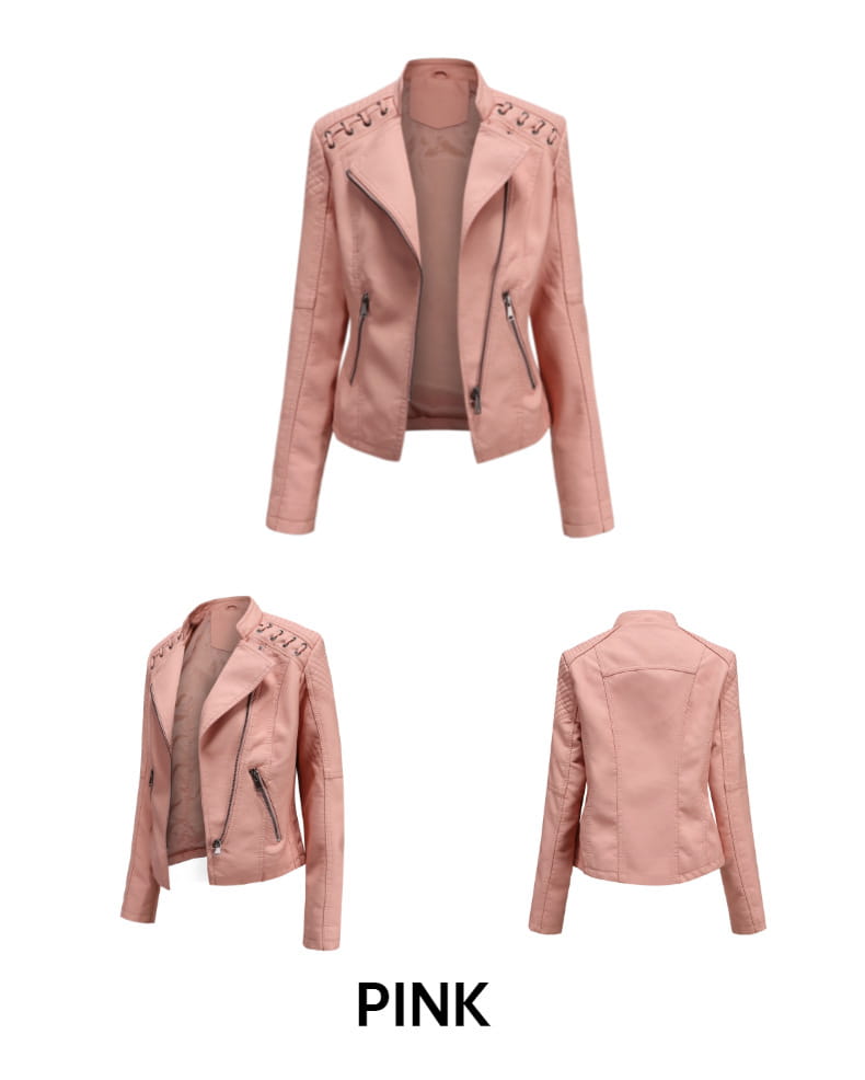 Eine stilvolle rosafarbene Faux-Leder-Motorradjacke im Slim-Fit-Mantel-Design mit Schnür-Details an den Schultern und Frontreißverschlüssen.