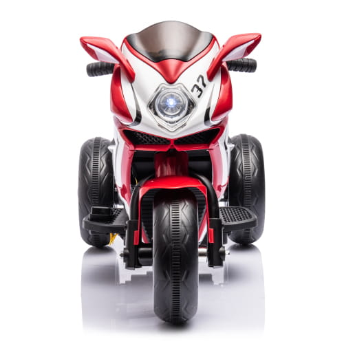 Red and white three-wheeled 6v kids electric ride on motorcycle with black tires and handlebars designed for young children.