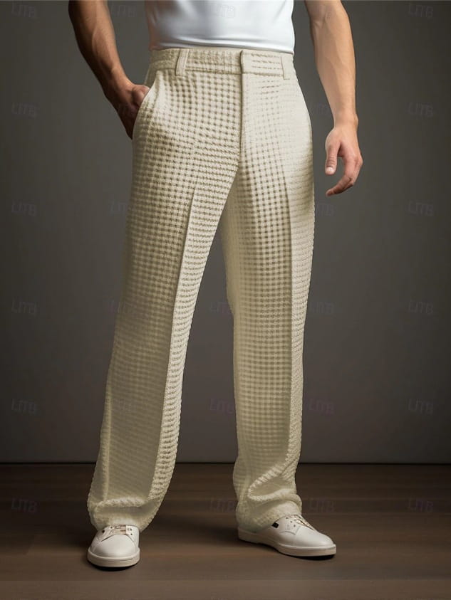 Men’s slim fit waffle knit straight leg business trousers in cream color with a subtle check pattern and tapered legs.