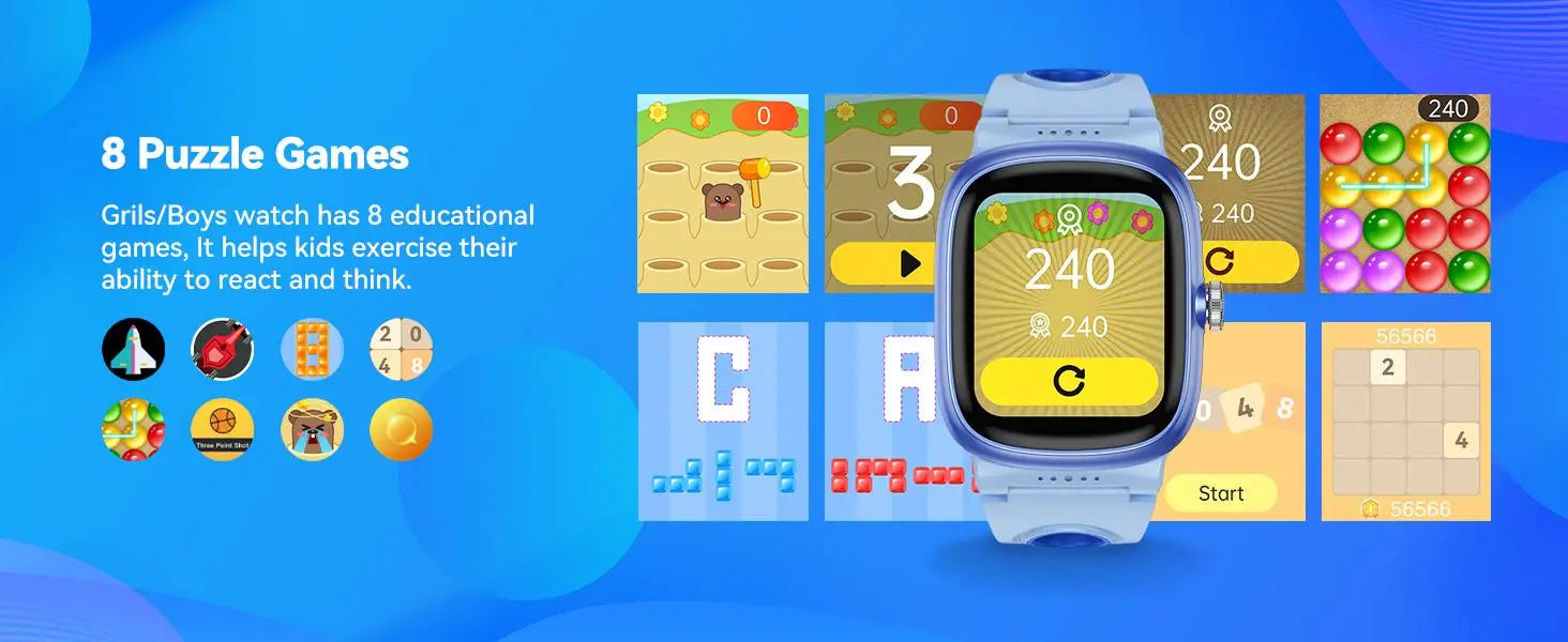Light blue K1 kids waterproof smartwatch with fitness tracking features displaying a round screen with colorful puzzle game icons and a yellow start button.