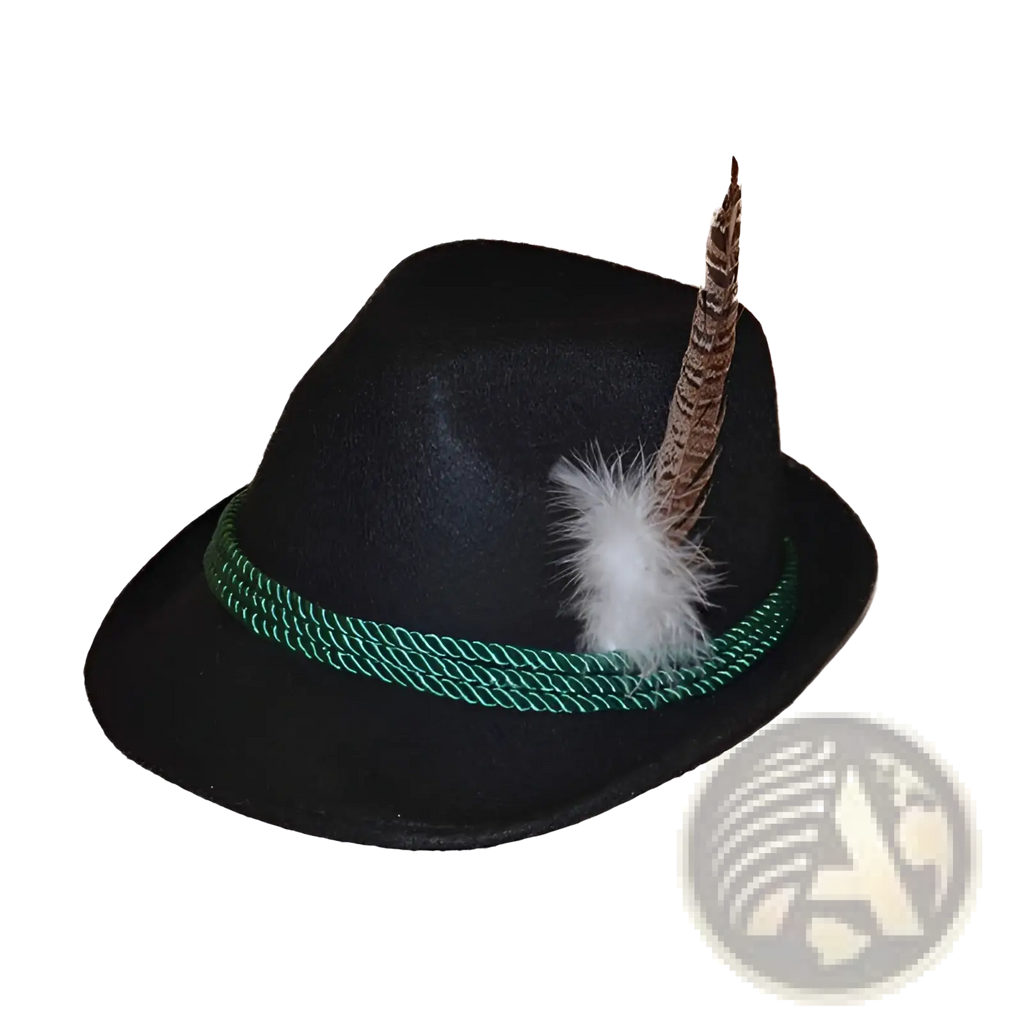 Black wool felt fedora hat with green braided band and brown feather accent for men jazz style cap