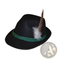 Black wool felt fedora hat with green braided band and brown feather accent for men jazz style cap
