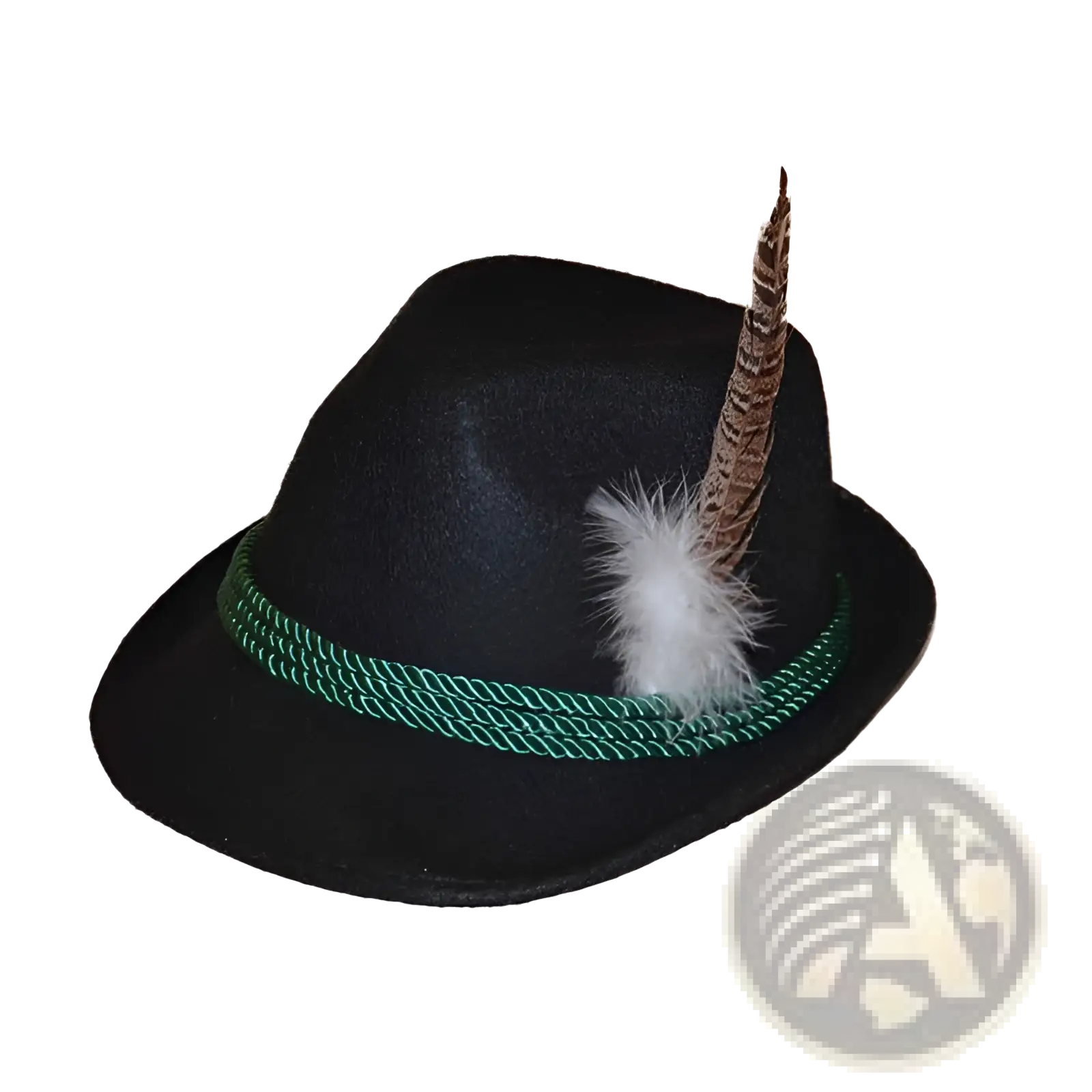 Black wool felt fedora hat with green braided band and brown feather accent for men jazz style cap