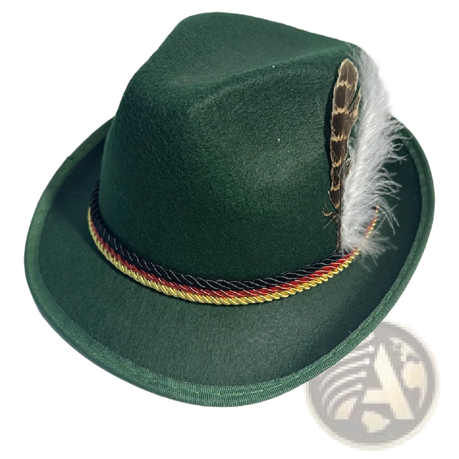 Dark green wool fedora hat with braided red yellow black band and brown feather accent for men jazz style