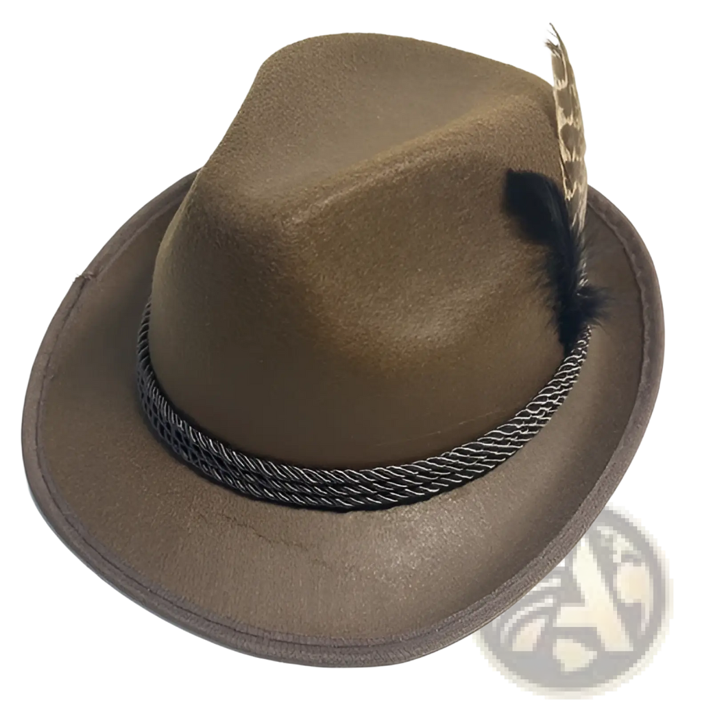 Brown felt fedora hat with braided black and silver band and feather trim designed for men jazz style