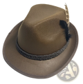Brown felt fedora hat with braided black and silver band and feather trim designed for men jazz style