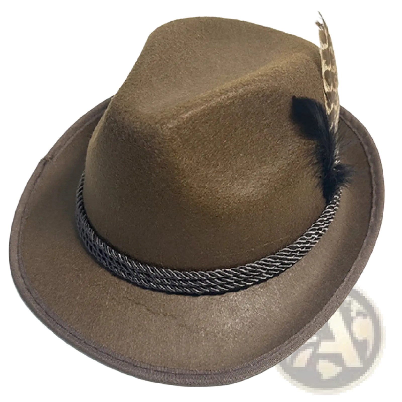 Brown felt fedora hat for men with black and silver braided band and feather trim jazz cap design