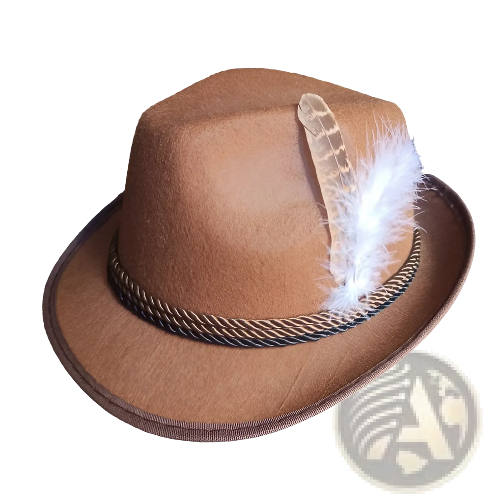 Brown felt fedora hat with braided band and decorative feathers suitable for men jazz cap style