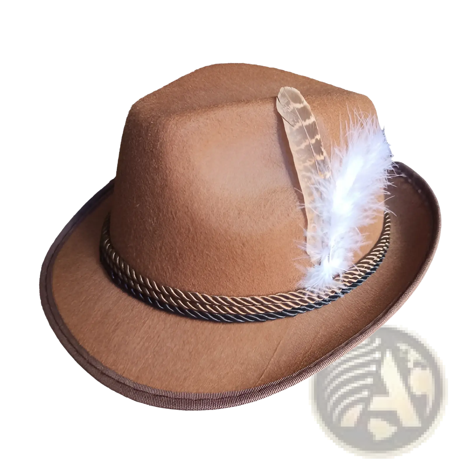 Brown felt fedora hat with braided band and decorative feathers suitable for men jazz cap style