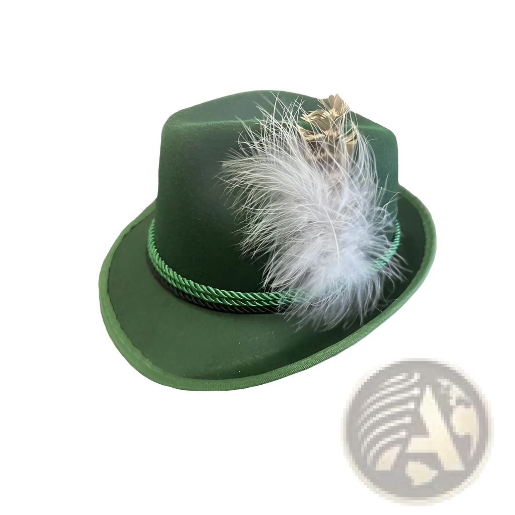 Dark green felt fedora hat for men with a white feather and gold accent featuring jazz cap style trim