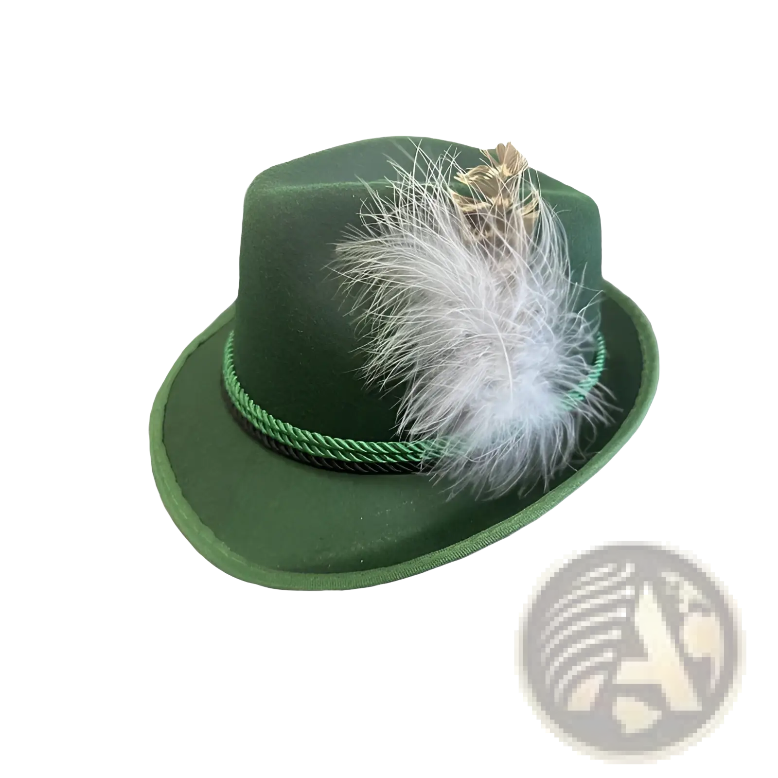 Dark green felt fedora hat for men with a white feather and gold accent featuring jazz cap style trim