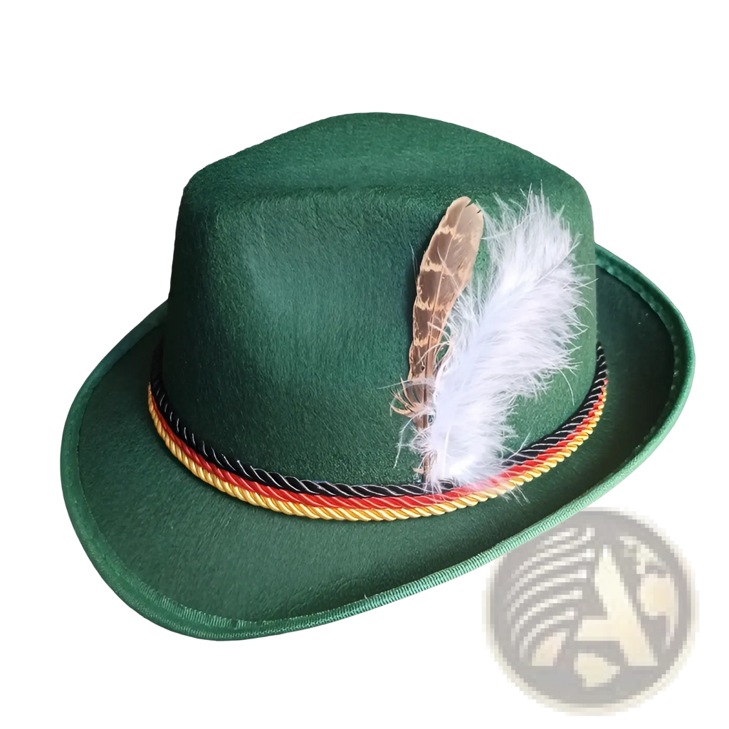 Deep green felt fedora hat for men with brown and white feather trim and tricolor ribbon band jazz cap