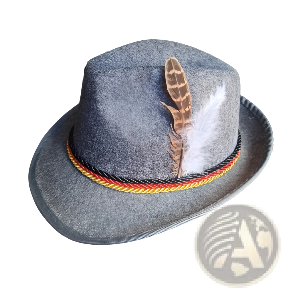 Gray felt fedora hat with a braided red yellow black band and a brown and white feather trim for men jazz style