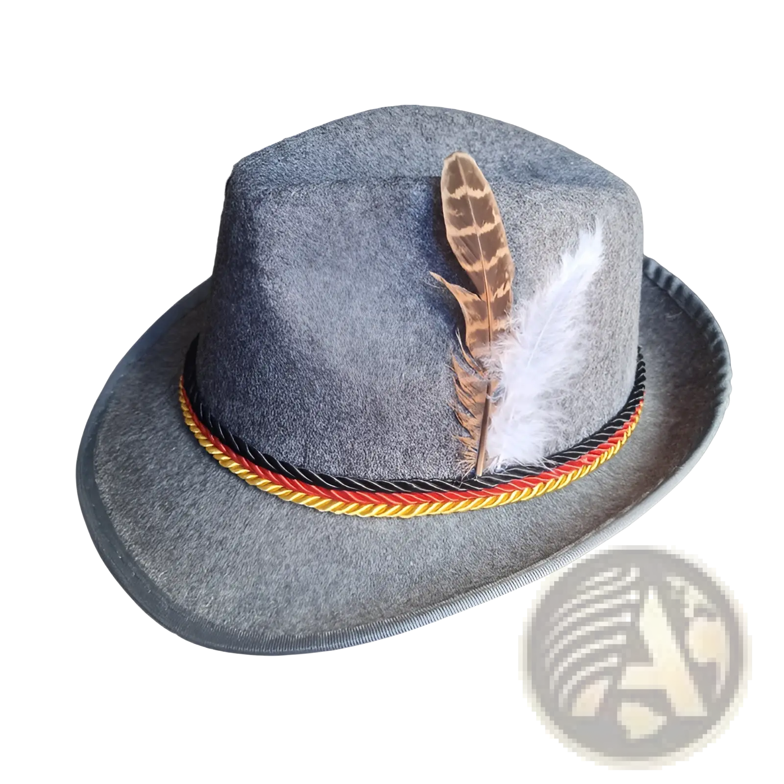 Gray felt fedora hat with a braided red yellow black band and a brown and white feather trim for men jazz style