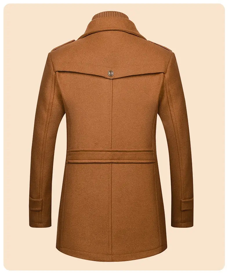Mens wool overcoat double collar winter jacket in classic camel color featuring a notched collar belt detail at the waist and buttoned flap pockets.