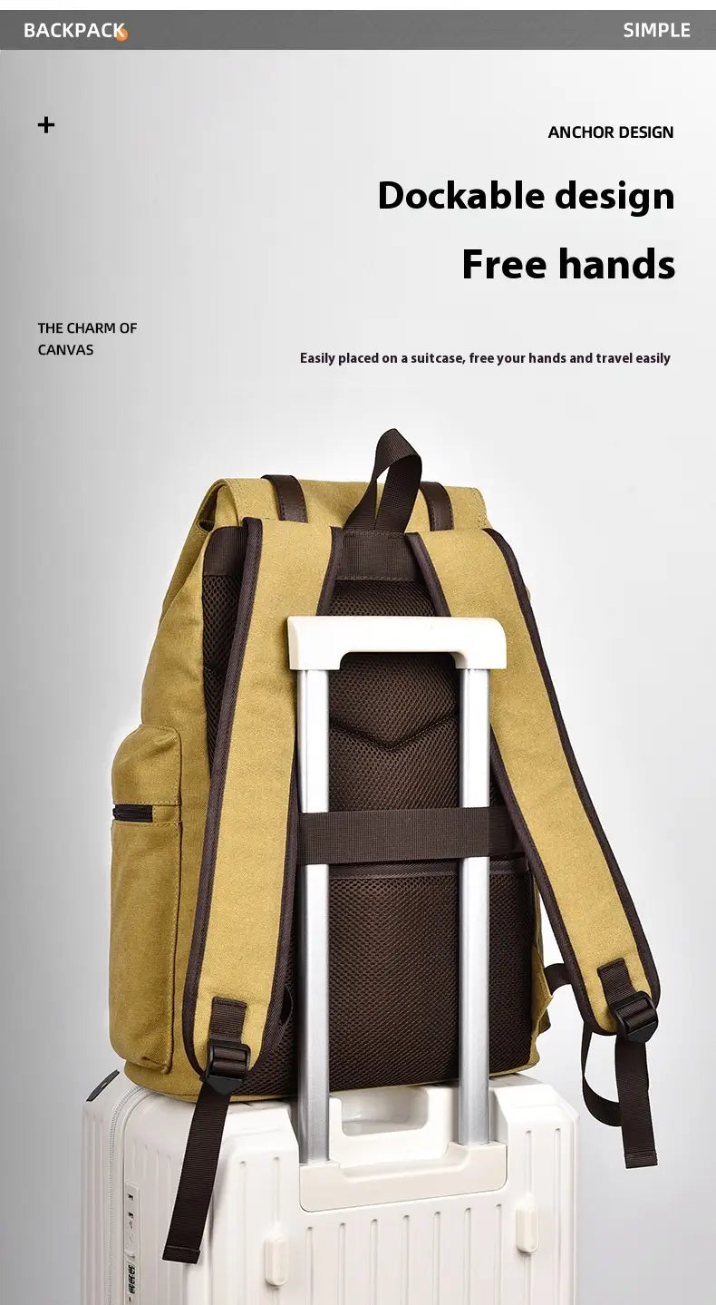 Men’s tan canvas travel backpack with black mesh and straps featuring a dockable design for hands-free travel and large 20-35l capacity.